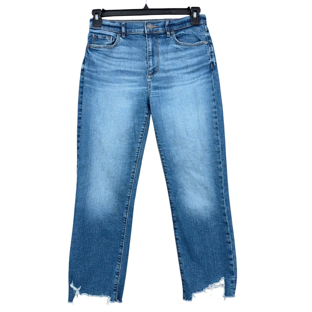 LOFT Outlet Petite High Rise Straight Jeans 4P Cotton Blue Distressed Hem